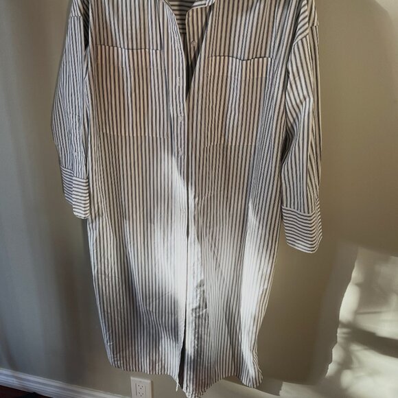 NWOT Everlane Midi Cotton Shirt Dress - Bone/Navy - Size L - Picture 3 of 12